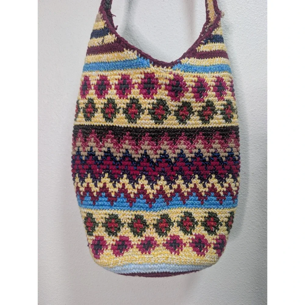 Vintage Crochet Bucket Bag Boho Indie Festival Hippie Shoulder Crossbody Purse
